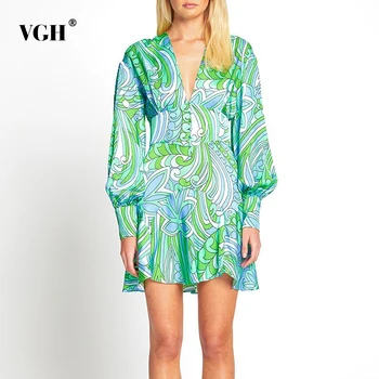 VGH Green Vintage Print Dress For Women V Neck Фенер Long Sleeve High Waist Hit Color Мини-Рокли, Дамски 2021 Летни Дрехи