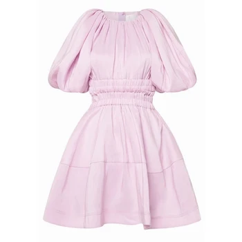 VGH Pink Hollow Out Dress For Women O Образно Деколте Puff С Къс Ръкав Еластична Висока Талия Ruched Slim Casual Mini Dresses Female 2021 Tide
