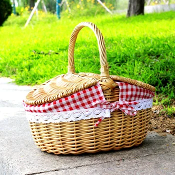 Ракита кошница за пикник в стил кънтри с капак и дръжка и втулки за пикник, партита и барбекю
