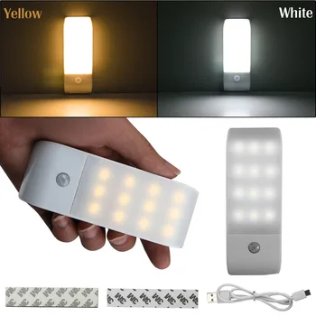 Горещи продажба 12LED USB Акумулаторна Лампа PIR Motion Индукционный Сензор Шкаф Нощно Лампа Жълто/Бяла Светлина С 2Switch Тип