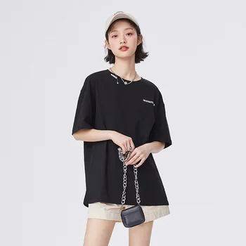 SEMIR T-Тениски White Female Short Sleeve 2021 New Губим Korean Style T Chic Хонг Конг-Style Върховете Black Half-Sleeved