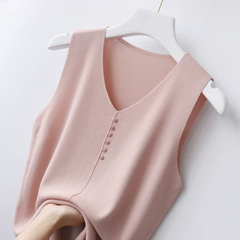 Летни възли дамски блузи с V-образно деколте и твърди бутони Lce Silk Tank Female Sleeveless Casual Thin Върховете 2021 Knit Woman Shirt Femme Pink