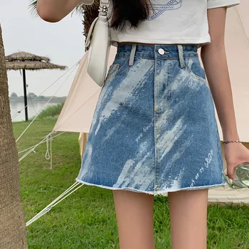 Tie-dye Denim College Style Half-length Skirt Female A-line Summer New Wild Design Sense Niche Gradient Color Ежедневни Къса Пола