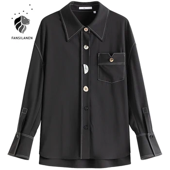 FANSILANEN мода бутон нагоре черна блуза, риза жена с дълъг ръкав пролет oversize ежедневни риза жена офис елегантен дамски топ