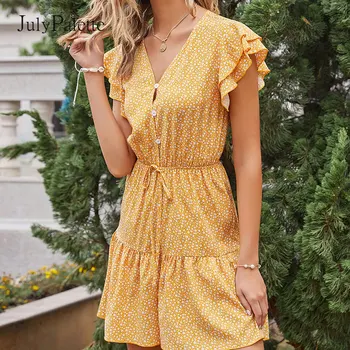 Julypalette Лято Yellow Dot Printed Ruffles Sleeve Dress Ежедневни V-образно деколте Lace up Women Short Dress Vintage boho Vestidos Femme