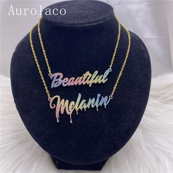 AurolaCo Custom Jewelry Set Bling Name Обици с Цветни Стикери от Бамбук Обеци Обръч Custom Name Колие за Жени Подаръци