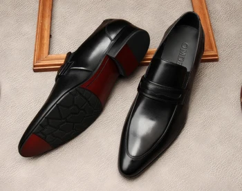 Естествена Кожа Slip On Men Dress Shoes Business Party Wedding Suit Brand Brogue Black Point Toe Oxford Shoes For Men