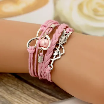 Кожени Гривни за жени Wrap Love Pearl Heart Friendship Antique Leather Charm Bracelet 2021 New Trend