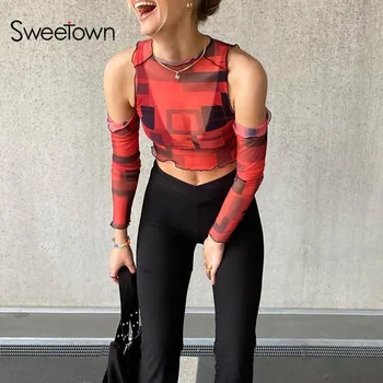 Sweetown Print Red Mesh T-Тениски Women See Through Club Sexy Summer Tops Female Beachwear Shoulder Cut Out Long Sleeve Crop Tees