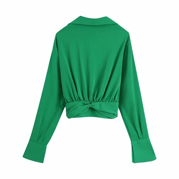 HWLZLTZHT Годишният Зелен Топ Женски Ruched Crop Top Дамска риза с дълъг Ръкав Секси V Образно Деколте Ризи 2021 Мода Възел Дамски блузи