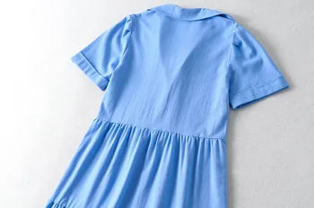Нов 2021 Лято Жените Реколта Синьо Бельо Плиссированная Риза Ежедневна Рокля С Къс Ръкав Твърди Свободни Midi Дълги Рокли Дамски Vestidos