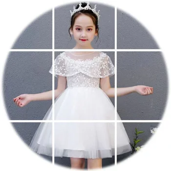 2021 New Summer Baby Girls Mesh Princess Dresses 3-13 Years Old Children ' s Clothing Solid Crew Neck Дантела Kids Dress for Girl