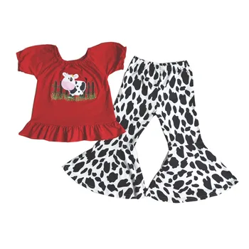 Нов прием на млечна крава костюми за малките момичета карикатура топ и свирки 2 броя комплекти децата детски farm комплект дрехи с бродерия