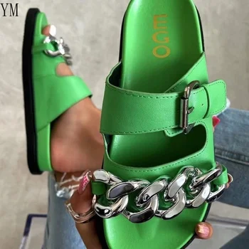 Зелен 2021 Нова Мода Кожата на Жената Верига Дизайнер Ключалката Летни Сандали Вечерни Обувки Закрит с Плосък Дом Zapatillas 36-43