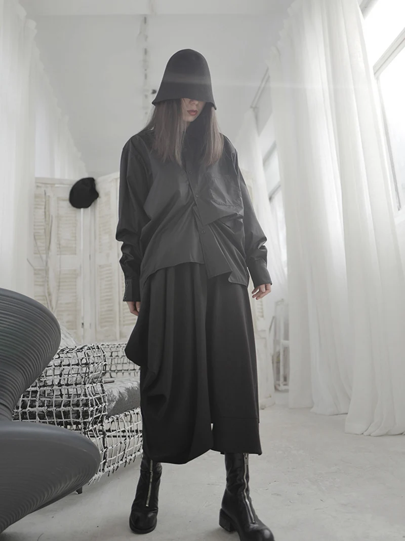 [ИАЛ] Жените Черно Асиметричен Голям е Размерът на Дълга Блуза Нов Ревера С Дълъг Ръкав Свободна Засаждане Риза Прилив на Мода Пролет Есен 2021 1S220
