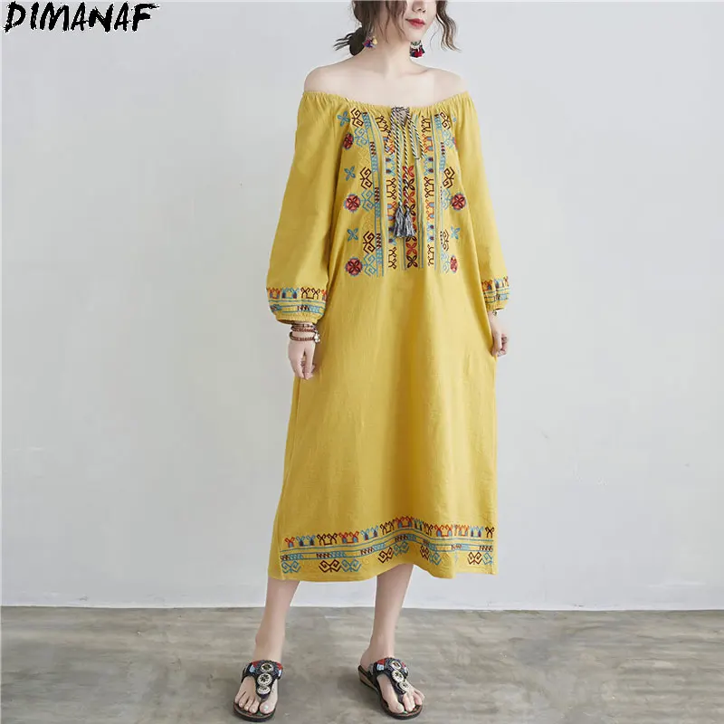 DIMANAF 2021 Oversize Summer Dress Linen Women Floral Бохемска Lady Vestidos Vintage Elegant Long Dress Maxi Sexy Губим Dress