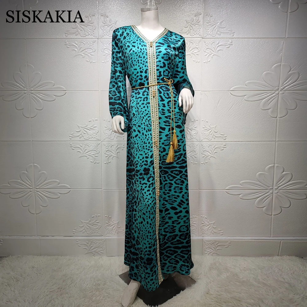 Siskakia Атласное Леопардовое Макси рокля за жените 2021 Зелен Свободен Етнически Мюсюлманския Арабски Оман Абая Дубай Турска Ислямска Облекло