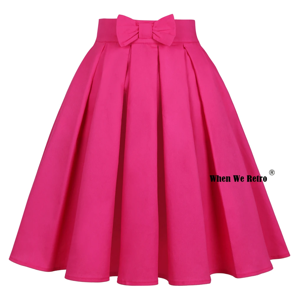50-те Години Памук Плътен Цвят Тъмно Розова Роза Червена Пола с Лък SS0012 Y2K Реколта Плюс Размер Нагънат Женски Midi Поли Jupe Femme