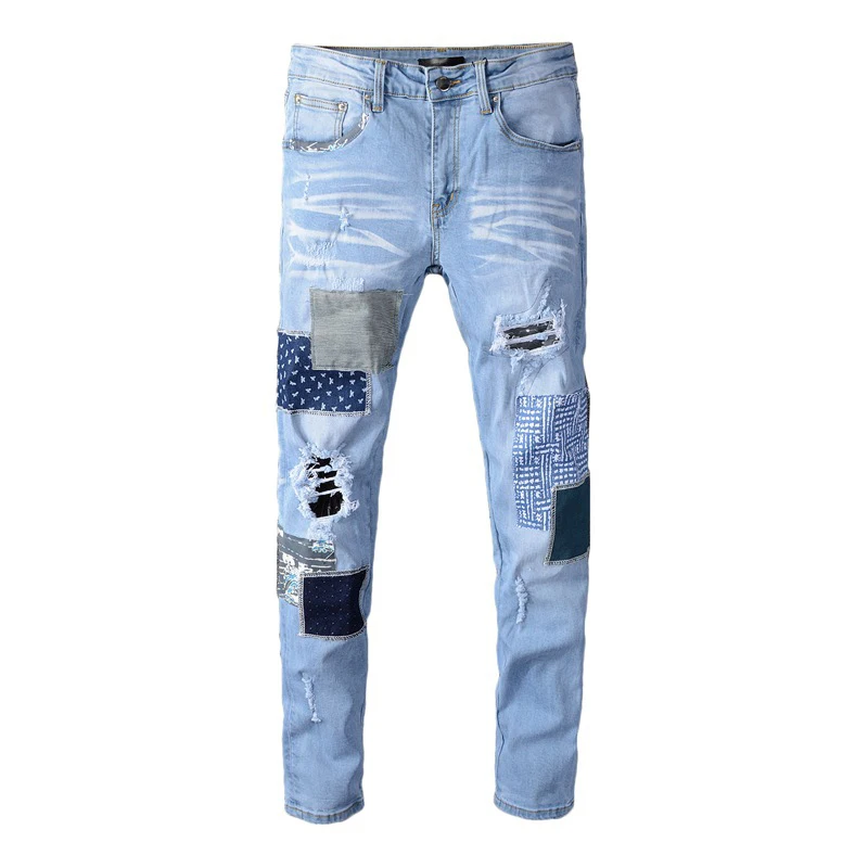 Светло сини Скъсани Маркови Дънки за Мъже Лоскутные проблемни Дупка Градинска облекло Дънки Slim fit Дизайн Тесни Дънкови панталони Панталони Мъжки