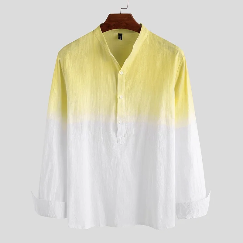 QIWN Мъжки Тениски Fashion Longsleeve Shirt Коноп Shirt Summer Casual Върховете Thin Color Matching Gradient Cotton Linen Clothing