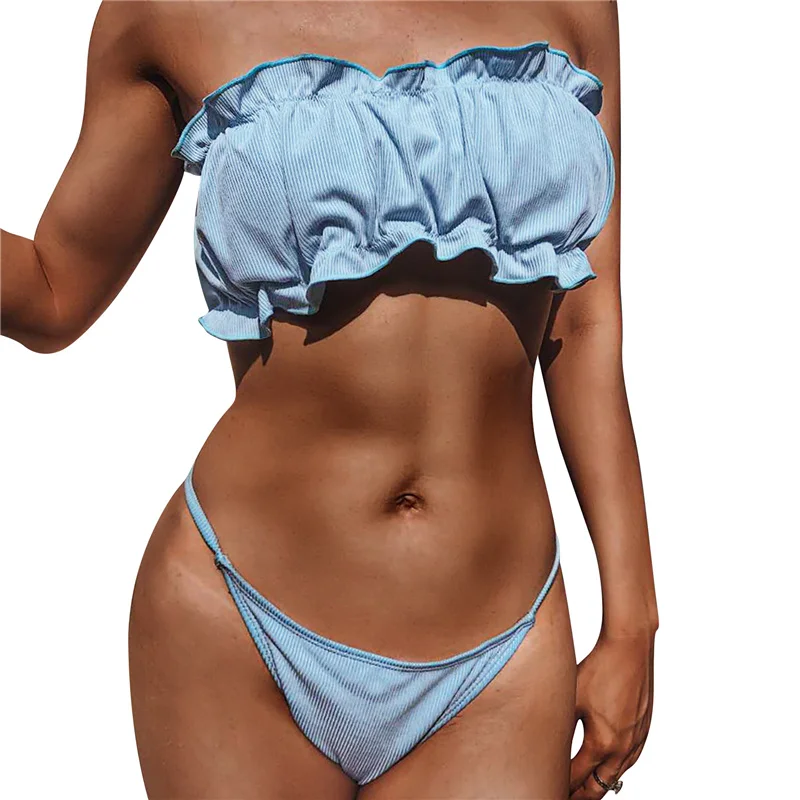 Hirigin 2021 New Women ' s кордела за глава Bikini Set Без Презрамки Разчорлям Ruched Върховете + High Cut the Bottom Two Pieces Swimsuit Set