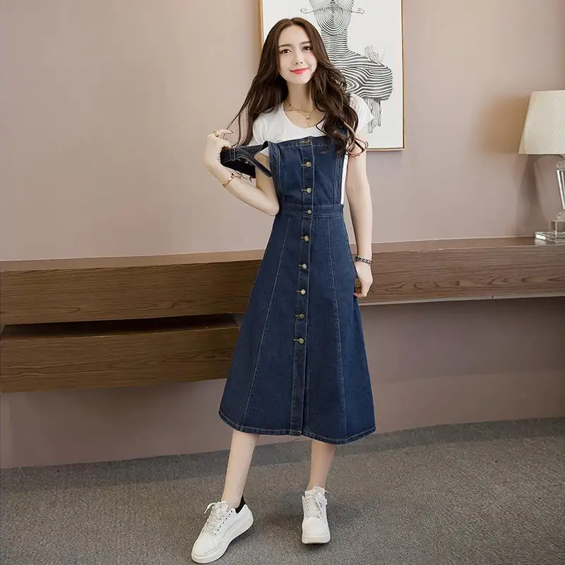 Джинсовое рокля на подтяжках 2021 New Girl Пролет Лято Корейски Стил Прашка однобортный Slim Fit A Line Midi Dress Vestidos