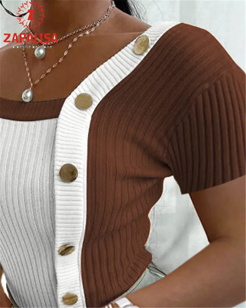 Секси дамски летни Тениски Асиметричен Цвят Съвпадение Дизайн Бутон за Декор на Нередовен Яка Къс Ръкав Тънък Пуловер Топ