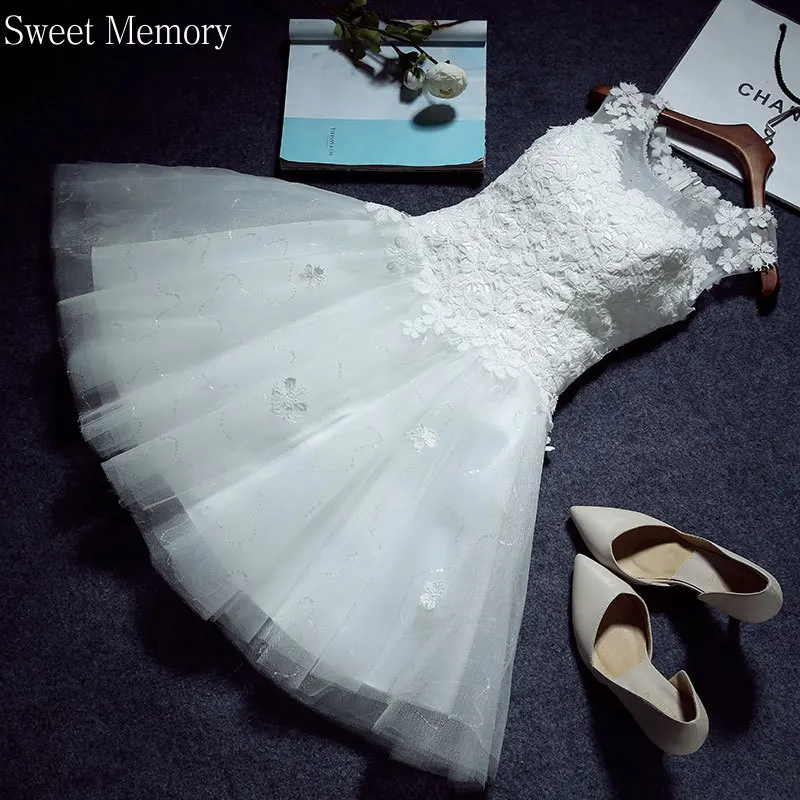 Sweet Memory Princess Dress 2021 White Lace Tulle Кратко Сватбени Рокли, Елегантни Жени Party Prom Robe Официална Бална рокля