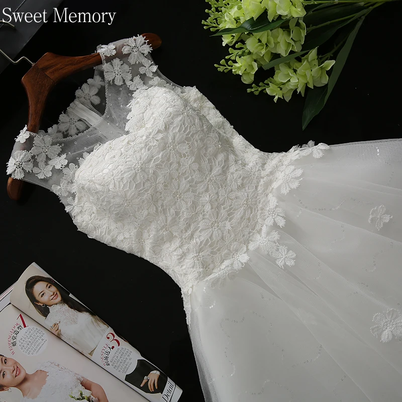 Sweet Memory Princess Dress 2021 White Lace Tulle Кратко Сватбени Рокли, Елегантни Жени Party Prom Robe Официална Бална рокля