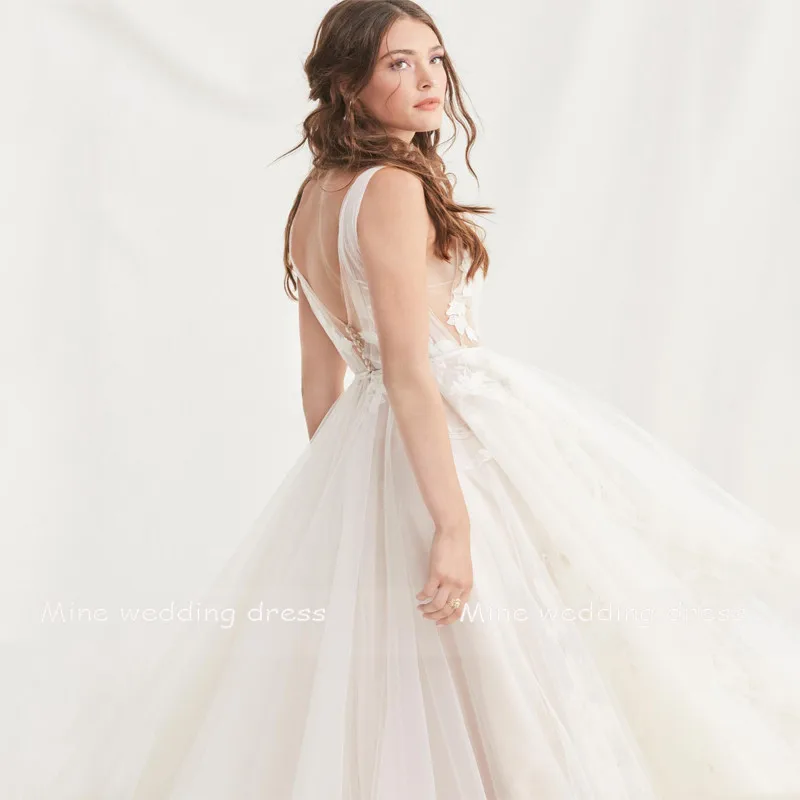 Секси V-Образно Деколте 3D Флорални Апликации на Дантела на Облегалката A-Line Тюл Сватбена Рокля 2021 Vestido De Noiva Сватбена рокля