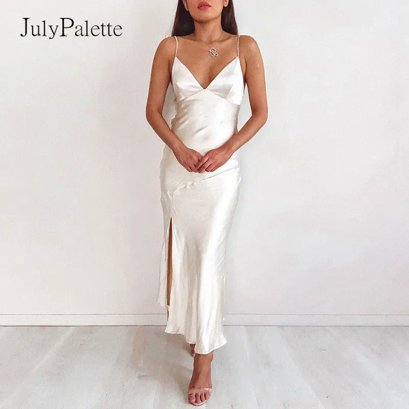 Julypalette Women Секси Дълбоко V-образно деколте без гръб Sling Dress Elegant Ladies Long Party Vestidos Summer Sleeveless Split Maxi Dress