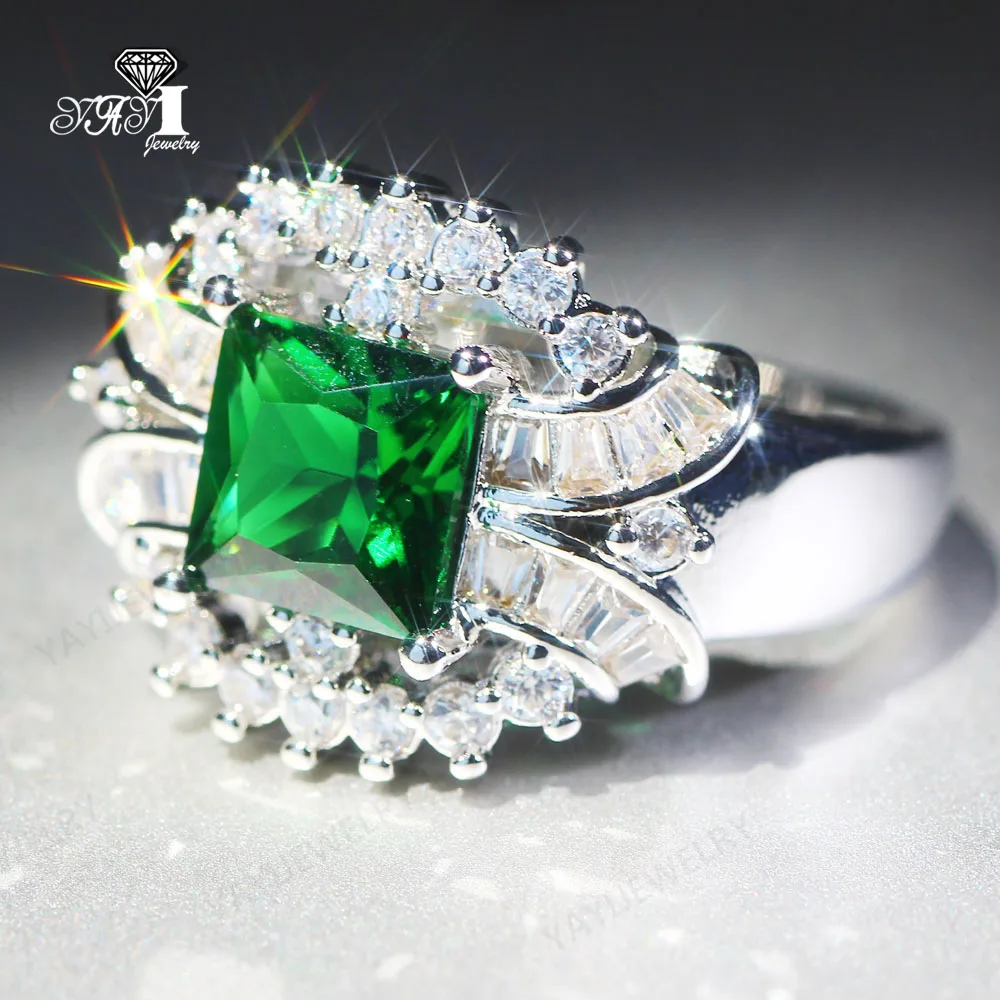 Yayi Бижута Мода Принцеса Нарязани Зубец Инсталиране На Зелено Цирконий Сребърен Цвят Годежен Сватба Листа Подарък Пръстен