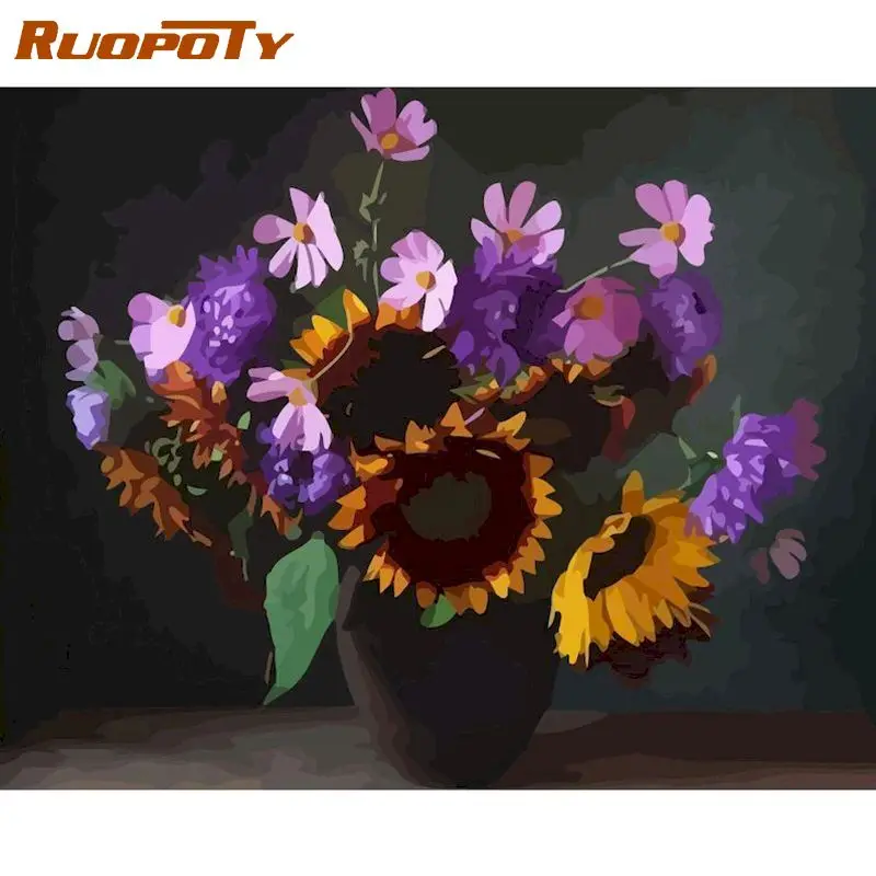 RUOPOTY Painting By Numbers Комплекти For Adults Purple Flower In Vase Oil Picture By Number HandPainted 60x75cm Frame Home Art Wall