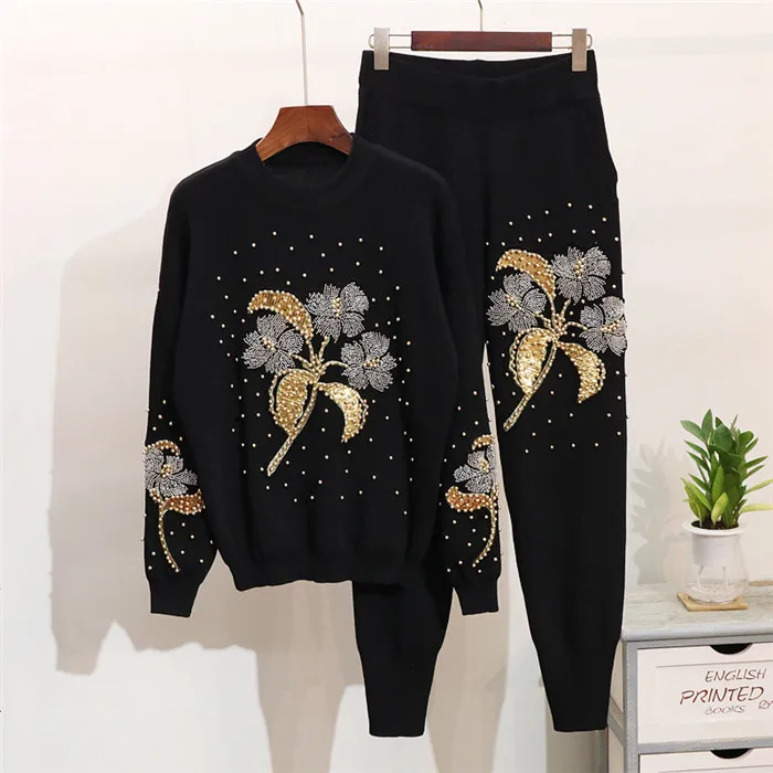 дамски комплект от 2 части 2021 бродерия на пеперуда цветя свободен пуловер с дълъг ръкав, пуловер и брючный костюм