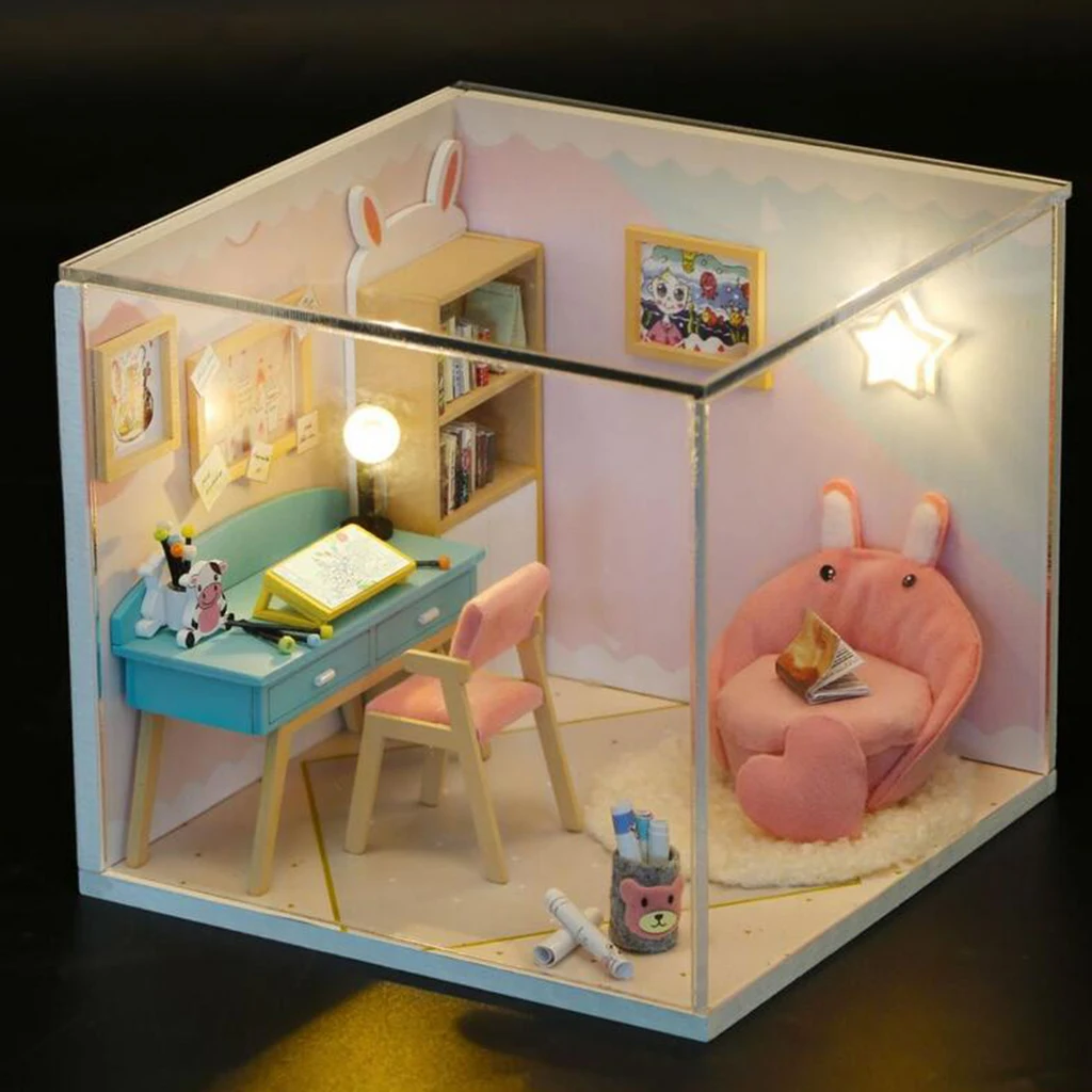 DIY Wooden Куклена Къща Миникартинка със Светли Мебели, Творческа стая за Момичета