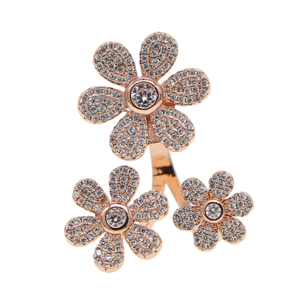 Multi Flower charm rings cz проправи регулируем пръстен с розов цвят злато покритие сватбени открити пръстени, пръстени пръсти бижута