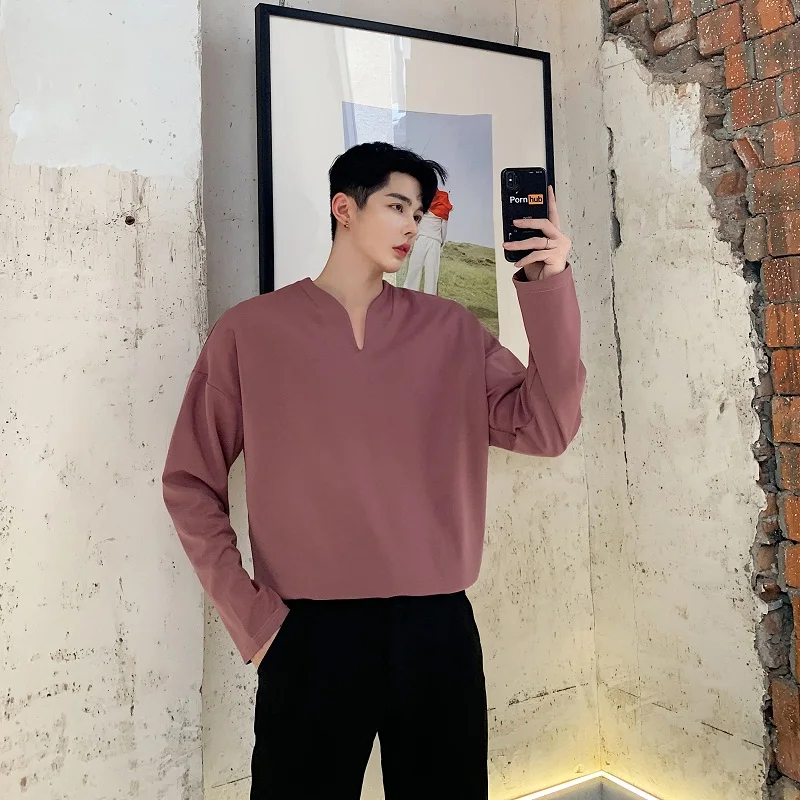 Корейски Стил на Красив Минималистичен Стил Малък V-образно деколте Плътен Цвят Тениска с дълги ръкави Ежедневни Младежки Красив Тренд Див Пуловер