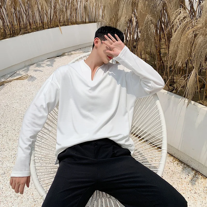 Корейски Стил на Красив Минималистичен Стил Малък V-образно деколте Плътен Цвят Тениска с дълги ръкави Ежедневни Младежки Красив Тренд Див Пуловер