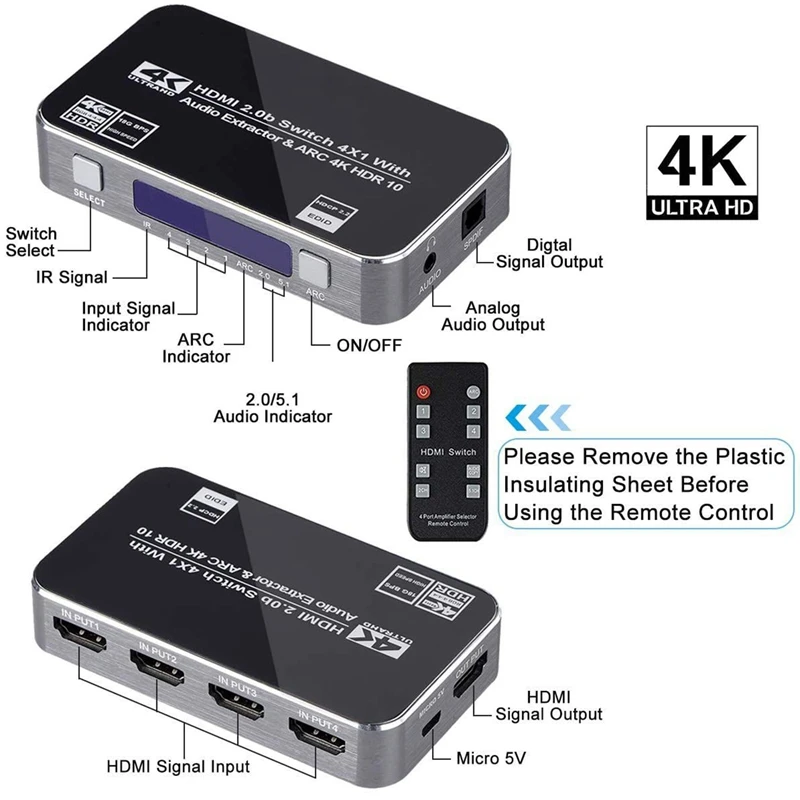 4K, HDMI Switch UHD 4 Input 1 Output 4X1 HDMI Switcher o Extractor с ARC IR Контрол за Apple TV PS4 Plug EU