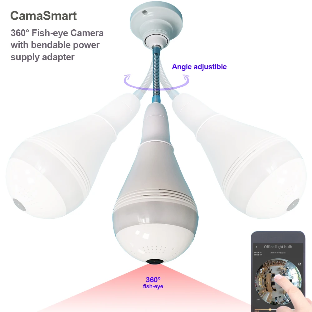 Най-новият WIFI Камера Закрит Обновен Панорамна Рибешко Око Led Лампа Огъване Безжично Наблюдение Smart Life Устройство за Дистанционно Управление Изглед