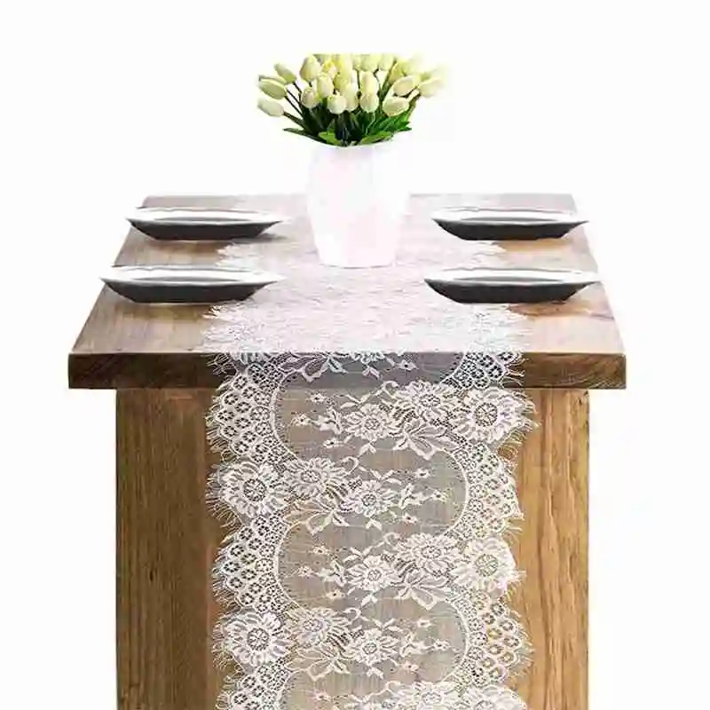 1pcs 35x300cm White Floral Lace Table Runner Black Cover Wedding For Banquet Baptism Decoration Chair Party Table Sash Tabl K3N0