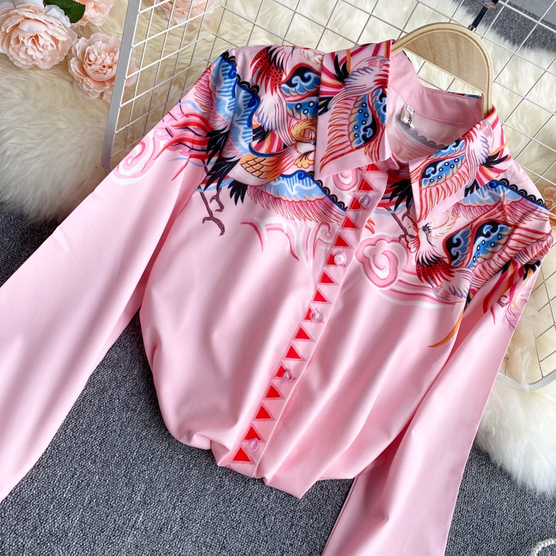 2021 Дамска Мода Бизнес Печат Блуза Нова Пролет Ретро Отложным Яка С Дълъг Ръкав Курортен Стил Топ Риза