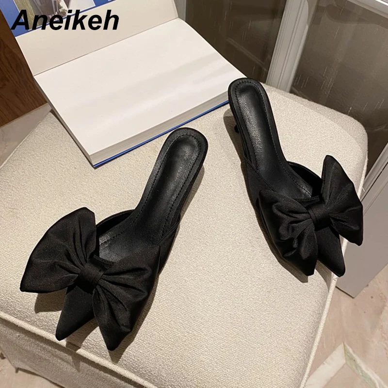 Aneikeh Sweet Fashion Silk Бътерфлай-Knot Patchwork ПУ Shallow NEW 2021 Summer Slip-On Thin Heels Sandalias Mujer Дамски обувки