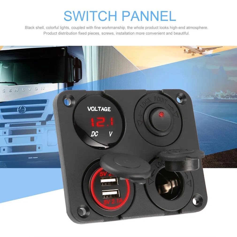Два Порта USB Зарядно за Кола с led Вольтметром + Изход за Захранване 12-24 В + Ключ за Включване-Изключване 4 в 1 Автомобилната Морска Лодка LED Switch Panel