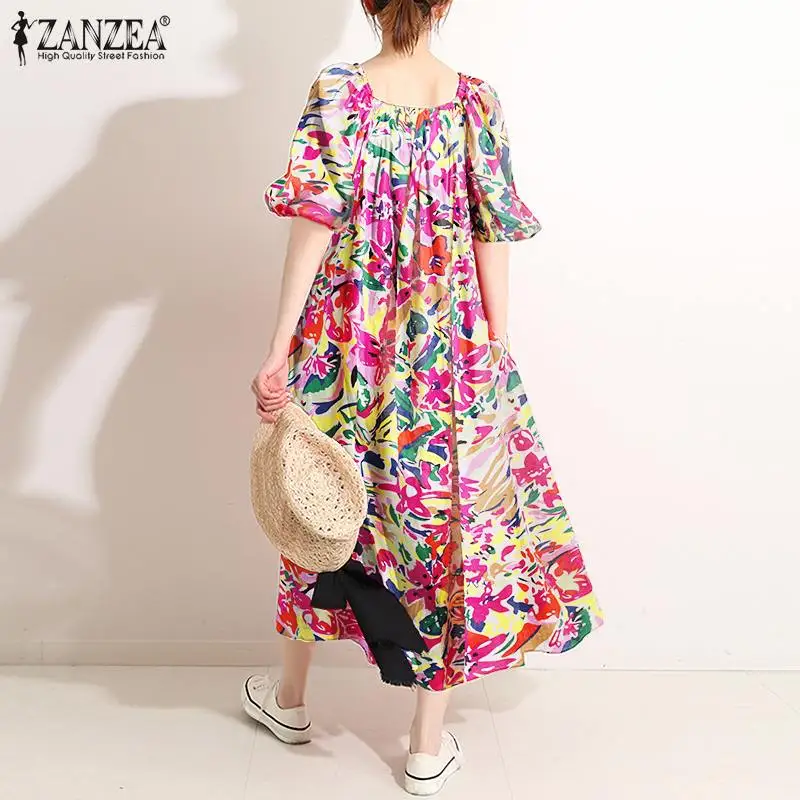Бохемски Годишният сарафан 2021 ZANZEA Women Vintage Floral Short Puff Sleeve Printed Dress Губим Midi Vestidos Кафтан
