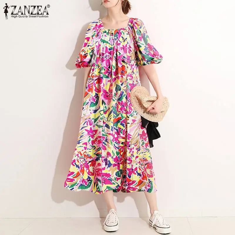 Бохемски Годишният сарафан 2021 ZANZEA Women Vintage Floral Short Puff Sleeve Printed Dress Губим Midi Vestidos Кафтан
