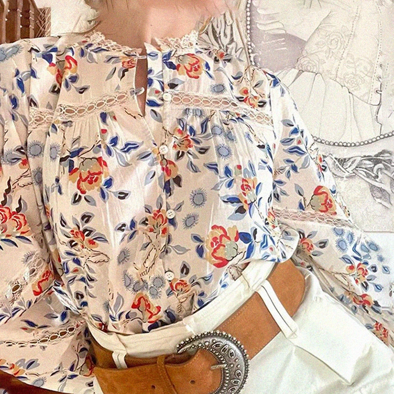 Цветен Принт Femme Блуза Выдалбливают Мозайка Дантела Свободни Бутона Фенер Ръкав 2021 Реколта Ретро Шик Hauts Топ Жени