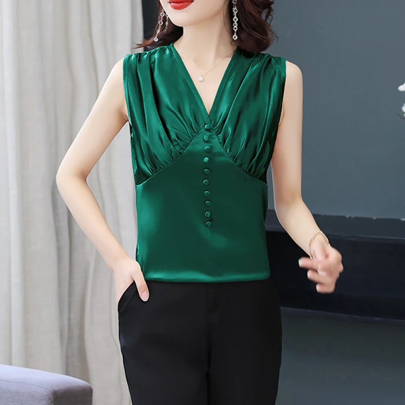 Only Plus Sleeveless Silk Women Summer Tops Green Pleat Дълбоко V-Образно Деколте Button Slim Elegant Solid Office Lady Върховете Tank Tops