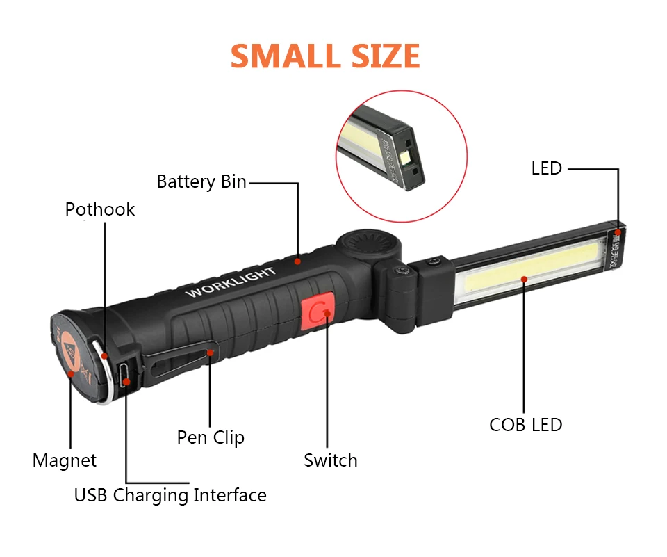 LED Light Work USB акумулаторна COB LED фенерче Магнитен 5 режима на Бяла светлина от факел водоустойчив за ремонт на автомобили с магнит