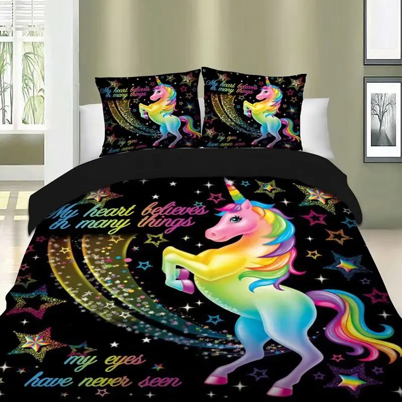 дигитално изкуство black stars rainbow unicorn легла king queen, double full twin single size спално бельо комплект